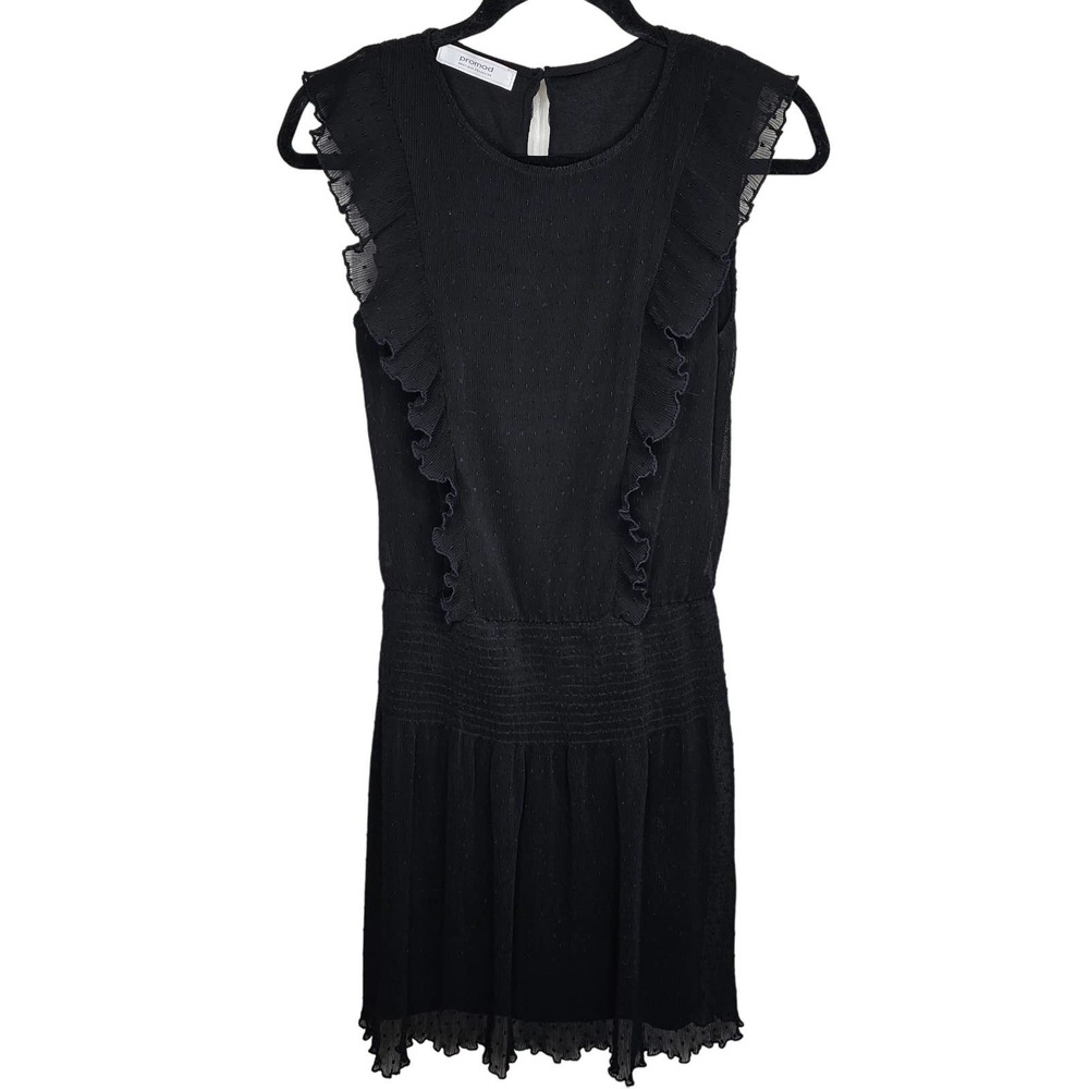 Promod Sz 6 Women's Black Ruffle Detail Elastic Waistband Dress Polka Dot French